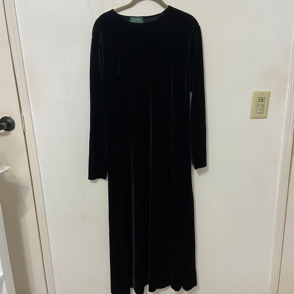 Lauren Ralph Lauren Black Velvet Long Sleeve Full Length Dress Size L Dressy - Picture 1 of 3